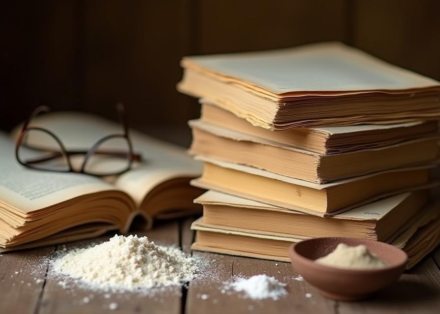 和紙の古い本と、その隣に置かれた小麦粉と酵母の山。