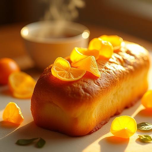 表面に砂糖漬けの柚子ピールが乗った、黄金色のブリオッシュ。