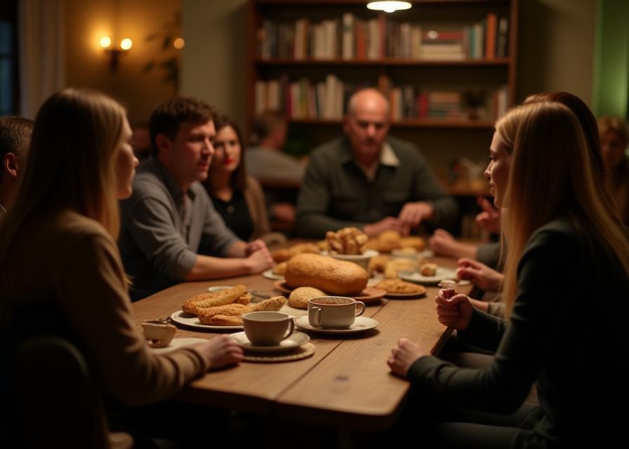 落ち着いた雰囲気の店内で、パンとお茶を楽しみながら話を聞く人々。